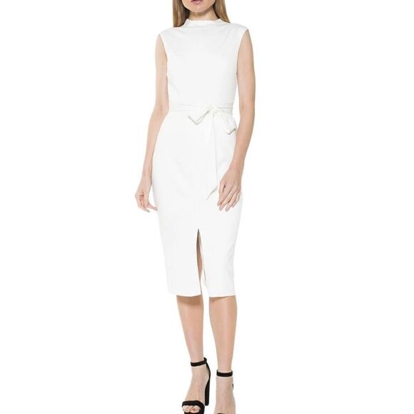 Alexia Admor Fara Dress Ivory Midi Sheath Tie Belt Sleeveless D3517 Women Size 4 - Picture 1 of 13